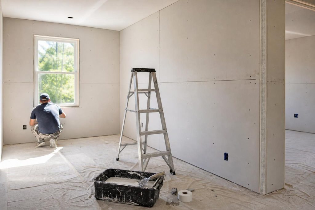 Freshly installed drywall panels with tools and materials ready for taping and mudding in a residential room